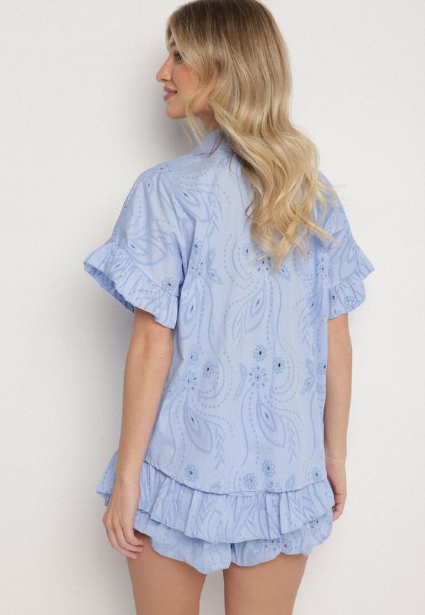Born2be - Niebieski Bawełniany Komplet Koszula z Wiązaniem i Spódnico-Szorty z Nadrukiem Iffarina. Kolor: niebieski. Materiał: bawełna. Wzór: nadruk