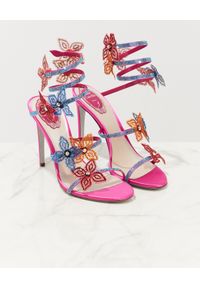 RENE CAOVILLA - Różowe sandały na szpilce z aplikacjami Floriane. Nosek buta: okrągły. Zapięcie: pasek. Kolor: różowy, wielokolorowy, fioletowy. Materiał: koronka, satyna. Wzór: aplikacja. Obcas: na szpilce. Wysokość obcasa: średni #2