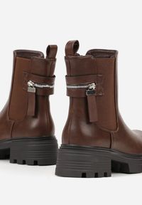 Born2be - Brązowe Botki Sztyblety na Grubej Podeszwie z Ozdobą Refana. Okazja: na co dzień. Kolor: brązowy. Materiał: jeans. Wzór: aplikacja. Styl: casual, klasyczny, elegancki #3