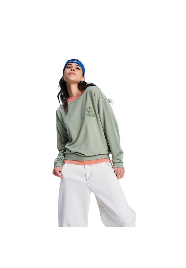 Roxy - Top damski SURFING BY MOONLIGHT. Kolor: zielony. Materiał: poliester, elastan, tkanina. Wzór: haft