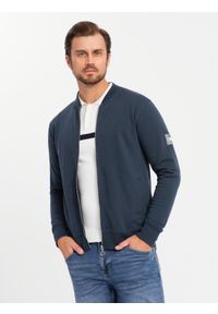 Ombre Clothing - Rozpinana bawełniana bluza męska dresowa bomberka – granatowa V4 - Rozmiar: L. Okazja: na co dzień. Kolor: niebieski. Materiał: dresówka, bawełna. Wzór: aplikacja. Styl: sportowy, casual, elegancki #8