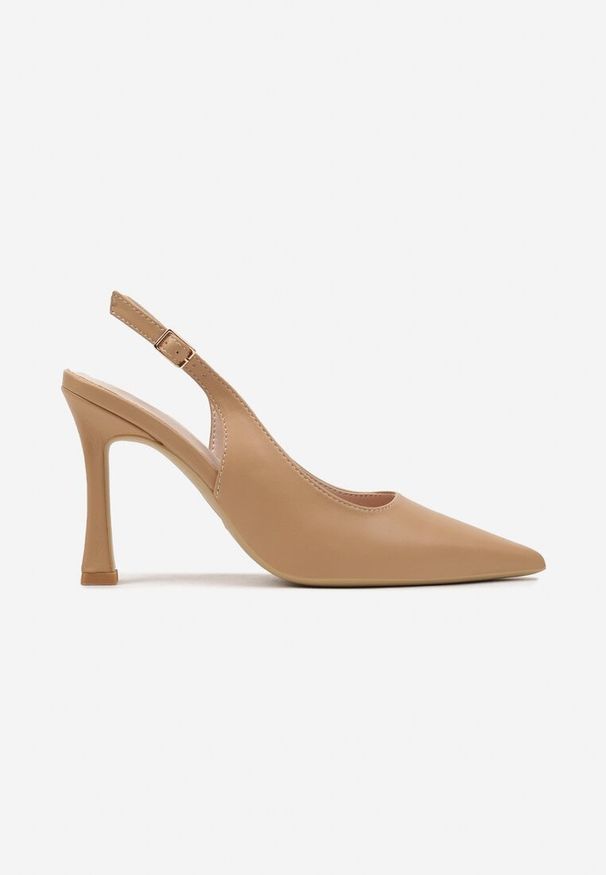 Renee - Brązowe Sandały na Obcasie Typu Slingback Dolandra. Okazja: na imprezę. Nosek buta: szpiczasty. Kolor: beżowy. Sezon: lato. Obcas: na obcasie. Styl: elegancki. Wysokość obcasa: średni