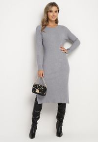 Born2be - Szara Sukienka Sweterkowa z Wiskozą Ozdobiona z Boku Rozcięciami Ninnoriel. Okazja: na co dzień. Kolor: szary. Materiał: wiskoza. Wzór: aplikacja. Typ sukienki: proste. Styl: klasyczny, casual, elegancki #3
