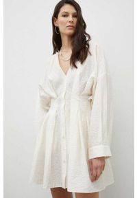 Samsoe & Samsoe - Samsoe Samsoe sukienka kolor beżowy mini rozkloszowana. Kolor: beżowy. Materiał: tkanina, jedwab, materiał, lyocell. Długość rękawa: długi rękaw. Typ sukienki: rozkloszowane. Długość: mini #6