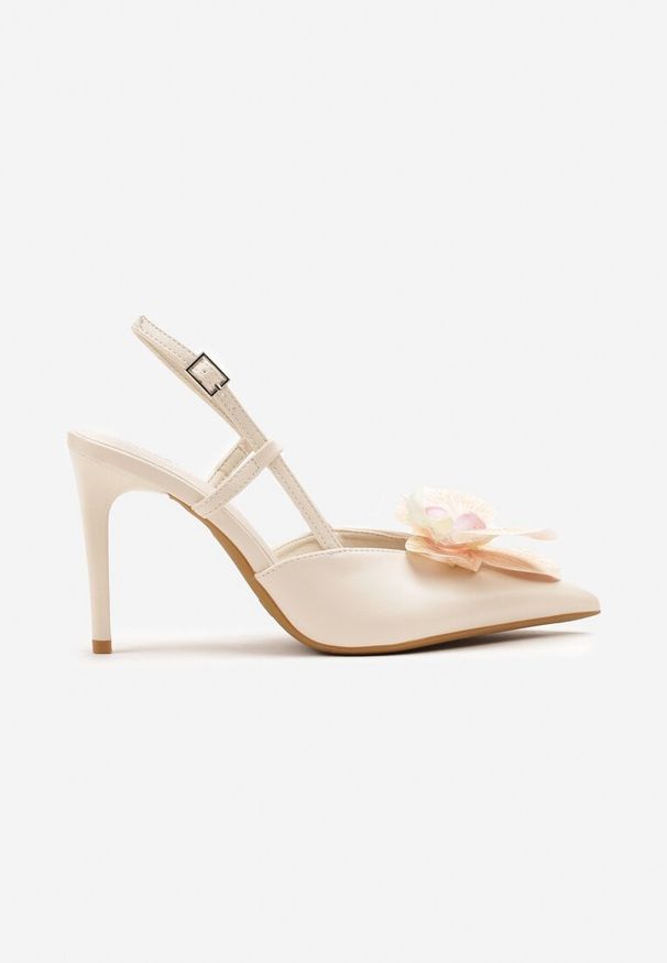 Renee - Beżowe Sandały na Szpilce Vices Slingback z Kwiatem 3D Koviano. Okazja: na imprezę. Zapięcie: sprzączka. Kolor: beżowy. Wzór: kwiaty. Obcas: na szpilce. Styl: klasyczny, elegancki