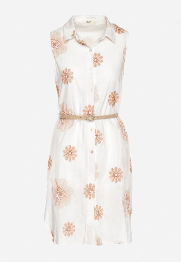 Born2be - Jasnobeżowa Bawełniana Sukienka Koszulowa w Haftowane Kwiaty z Paskiem z Klamrą Turivana. Okazja: na co dzień. Kolor: beżowy. Materiał: bawełna. Wzór: haft, kwiaty. Typ sukienki: koszulowe. Styl: klasyczny, casual, elegancki