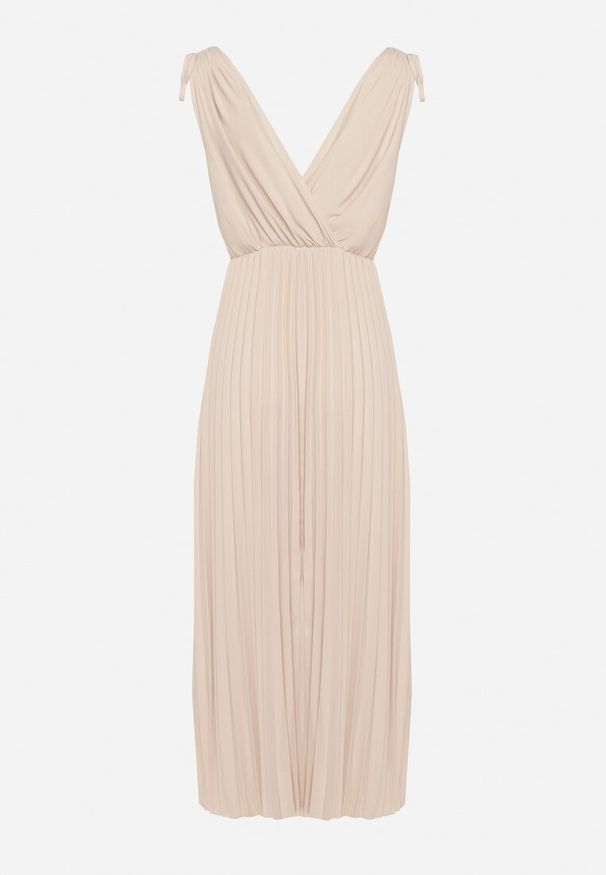 Born2be - Beżowa Plisowana Sukienka z Bawełną i Wiskozą o Rozkloszowanym Kroju z Gumką w Talii Xefia. Okazja: na co dzień, na spotkanie biznesowe. Kolor: beżowy. Materiał: wiskoza, bawełna. Sezon: wiosna, lato. Styl: klasyczny, casual, biznesowy