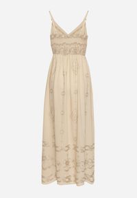 Born2be - Beżowa Rozkloszowana Sukienka na Ramiączkach z Wiskozy Zdobiona Haftem Ulonelitia. Okazja: na co dzień. Typ kołnierza: dekolt w serek. Kolor: beżowy. Materiał: wiskoza. Długość rękawa: na ramiączkach. Wzór: aplikacja, haft. Styl: casual, elegancki #3