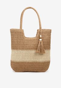 Renee - Ciemnobeżowa Torebka z Plecionki na Rączkach z Chwostami Livonia. Kolor: beżowy. Sezon: lato. Styl: wizytowy, boho, elegancki, casual