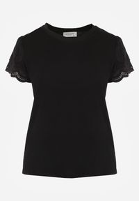 Born2be - Czarny Bawełniany T-shirt z Koronkowymi Rękawami Carilynore. Okazja: na co dzień. Kolor: czarny. Materiał: bawełna, koronka. Wzór: gładki. Sezon: lato. Styl: casual, klasyczny #8
