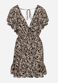 Born2be - Czarno-Beżowa Rozkloszowana Bawełniana Sukienka z Gumką w Talii i Falbanami Nelsea. Okazja: na co dzień, na randkę. Typ kołnierza: dekolt w kształcie V. Kolor: czarny. Materiał: bawełna. Długość rękawa: krótki rękaw. Typ sukienki: rozkloszowane. Styl: casual, wizytowy #5