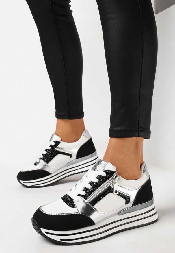 Born2be - Czarne Sneakersy na Grubej Podeszwie z Brokatem i Metalicznymi Wstawkami Aeliss. Kolor: czarny