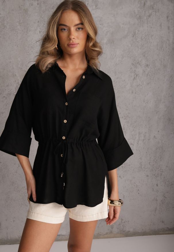 Renee - Czarna Koszula z Lnem Bawełną i Szerokimi Rękawami Moontwist. Okazja: na co dzień. Kolor: czarny. Materiał: bawełna, len. Styl: casual