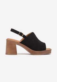 Renee - Czarne Sandały VICES na Słupku i Platformie Stylizowanych na Drewniane Lobenti. Zapięcie: sprzączka. Kolor: czarny. Materiał: jeans. Sezon: lato. Obcas: na platformie #4