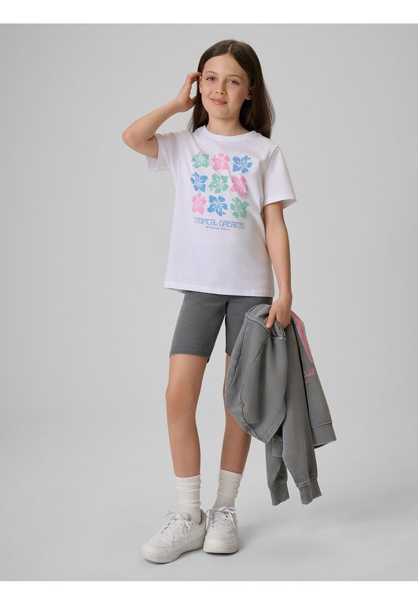 4f - 4F T-shirt regular z nadrukiem dziewczęcy - biały 152 (11-12 lat). Okazja: na uczelnię, na co dzień. Kolor: biały. Materiał: materiał, bawełna, dresówka, dzianina, skóra. Wzór: nadruk. Sezon: lato. Styl: klasyczny, casual