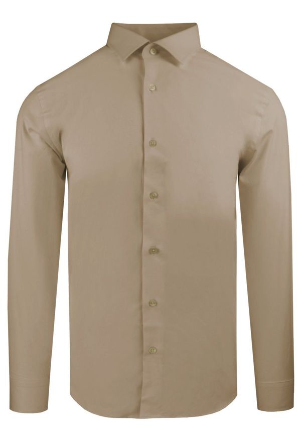 Delikatnie Taliowana Elegancka Koszula Męska - Victorio - Jasny Brąz. Kolor: brązowy, wielokolorowy, beżowy. Materiał: bawełna, elastan, poliester. Styl: elegancki