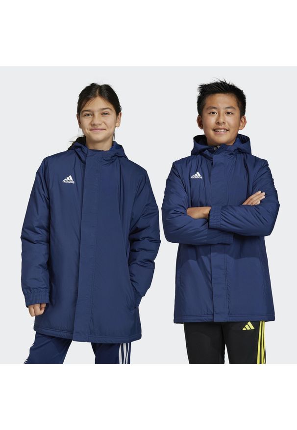 Adidas - Entrada 22 Stadium Jacket. Kolor: niebieski. Materiał: materiał. Długość: długie. Sport: piłka nożna