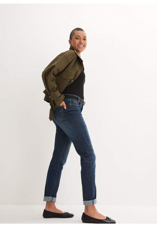bonprix - Dżinsy o kroju skinny fit, mid waist, z wygodnym paskiem. Kolor: niebieski