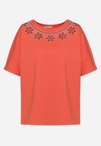 Born2be - Pomarańczowy Luźny T-shirt z Bawełny z Krótkim Rękawem i Cyrkoniami przy Dekolcie Camilea. Kolor: pomarańczowy. Materiał: bawełna. Długość rękawa: krótki rękaw. Długość: krótkie. Sezon: lato #6