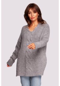 MOE - Długi Sweter z Rozcięciami po Bokach - Szary. Kolor: szary. Materiał: wełna, poliester, akryl, poliamid. Długość: długie