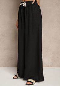 Renee - Czarne Spodnie z Bawełną o Szerokim Kroju High Waist z Wiązaniem Noleldi. Okazja: na co dzień. Stan: podwyższony. Kolor: czarny. Materiał: bawełna. Styl: elegancki, casual
