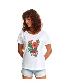 TOP SECRET - Damski t-shirt z kwiatowym nadrukiem. Kolor: biały. Materiał: tkanina, bawełna. Długość rękawa: krótki rękaw. Długość: krótkie. Wzór: nadruk, kwiaty. Sezon: lato. Styl: wakacyjny #1