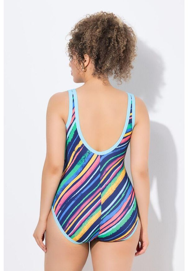 ULLA POPKEN - Damski Strój kąpielowy ukośne paski bez miękkich miseczek. Kolekcja: plus size. Kolor: niebieski. Materiał: poliester, elastan, poliamid, materiał. Wzór: paski