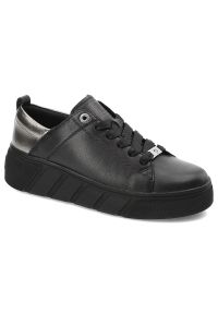 Czarne Sneakersy Rieker Modne Obuwie Damskie. Okazja: na co dzień. Zapięcie: sznurówki. Kolor: czarny. Materiał: skóra. Wzór: gładki