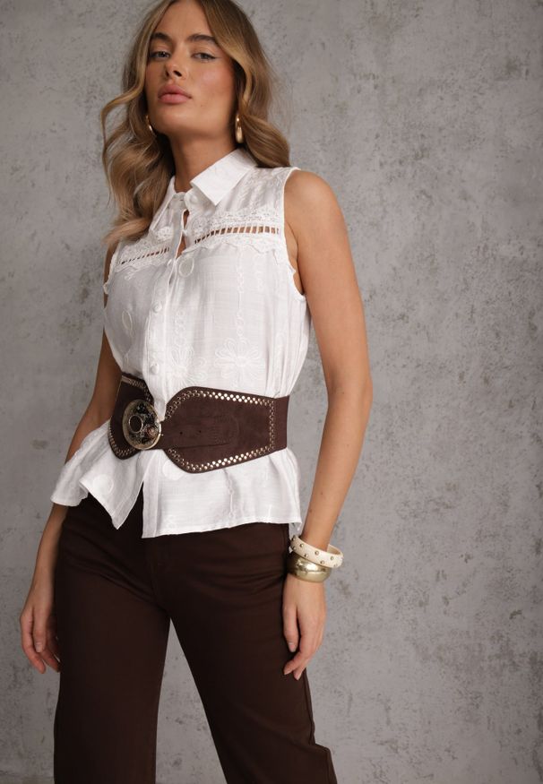 Renee - Biała Boho Koszula z Wiskozy Bez Rękawów Zdobiona Haftem Melirianne. Kolor: biały. Materiał: wiskoza. Długość rękawa: bez rękawów. Wzór: haft, aplikacja. Sezon: lato. Styl: boho