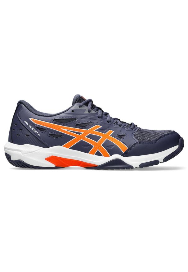 Buty halowe Asics Gel-Rocket 11. Zapięcie: sznurówki. Kolor: wielokolorowy, niebieski, żółty, pomarańczowy. Materiał: materiał, syntetyk. Szerokość cholewki: normalna. Sport: siatkówka