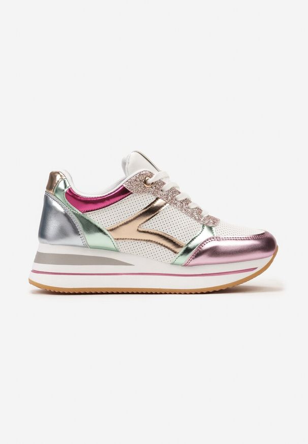 Renee - Biało-Różowe Sneakersy na Grubej Podeszwie w Paski Zdobione Brokatem Selarissa. Okazja: na co dzień. Zapięcie: pasek. Kolor: biały. Szerokość cholewki: normalna. Wzór: aplikacja, paski. Obcas: na obcasie. Wysokość obcasa: niski