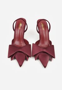 Renee - Bordowe Sandały Satynowe na Szpilce Slingback Ozdobione Kokardą Daemoris. Okazja: na wesele, na imprezę, na ślub cywilny. Zapięcie: sprzączka. Kolor: czerwony. Materiał: satyna. Wzór: aplikacja. Obcas: na szpilce. Styl: elegancki #5