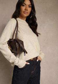 Renee - Beżowy Klasyczny Sweter z Wełną i Bawełną Bez Zdobień Neandia. Kolor: beżowy. Materiał: wełna, bawełna. Wzór: aplikacja. Styl: klasyczny #4