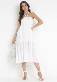 Born2be - Biała Sukienka z Wiązaniem na Szyi Yerdua. Kolor: biały. Długość rękawa: bez ramiączek. Typ sukienki: dopasowane #4