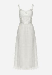 Born2be - Biała Sukienka Maxi na Ramiączkach z Gorsetową Górą i Tiulowymi Falbanami Encartia. Typ kołnierza: dekolt gorset. Kolor: biały. Materiał: tiul. Długość rękawa: na ramiączkach. Typ sukienki: gorsetowe. Długość: maxi #7