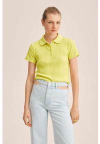 mango - Mango t-shirt Diva1 damski kolor żółty z kołnierzykiem. Okazja: na co dzień. Kolor: żółty. Materiał: włókno. Długość rękawa: krótki rękaw. Długość: krótkie. Styl: casual