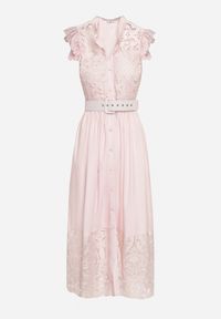 Born2be - Różowa Sukienka Ażurowa o Koszulowym Kroju z Paskiem z Ekoskóry Trija. Okazja: na co dzień, na imprezę. Kolor: różowy. Wzór: ażurowy. Typ sukienki: koszulowe. Styl: casual, elegancki #7