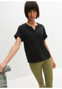 bonprix - Shirt boxy z plisą guzikową. Kolor: czarny. Długość rękawa: krótki rękaw. Długość: krótkie