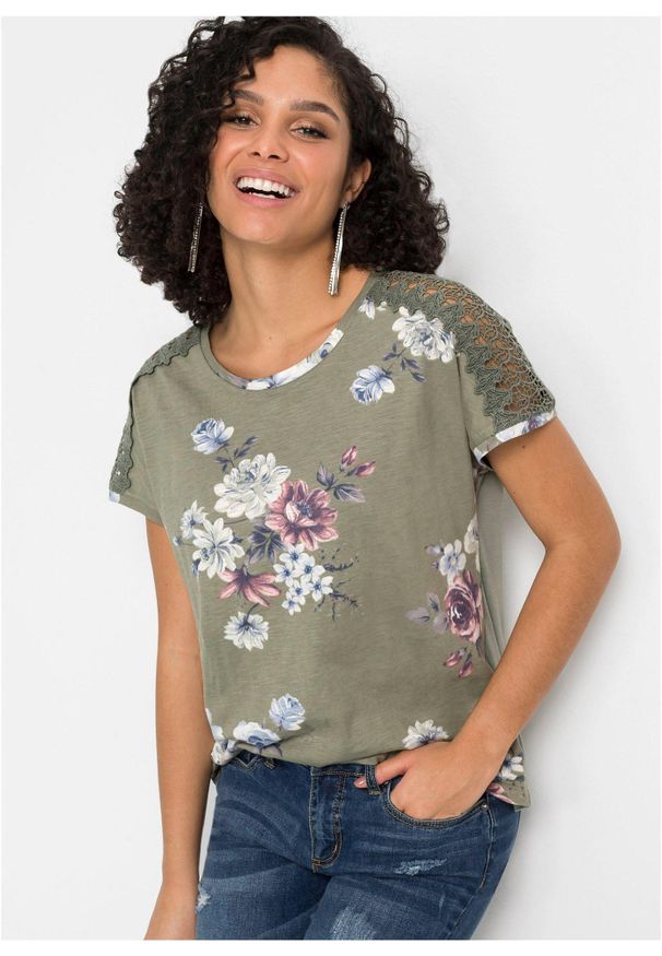 bonprix - Shirt z nadrukiem i koronką. Kolor: zielony. Materiał: koronka. Wzór: koronka, nadruk