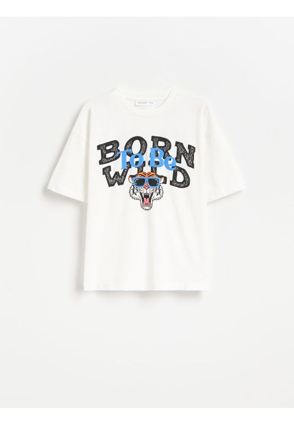 Reserved - Bawełniany t-shirt z nadrukiem - biały. Kolor: biały. Materiał: bawełna. Wzór: nadruk