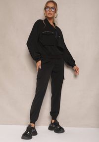 Renee - Czarny Komplet Dresowy Cargo Spodnie i Bluza Zdobiona Imitacją Kieszeni Nolhira. Kolor: czarny. Materiał: dresówka. Wzór: aplikacja #5