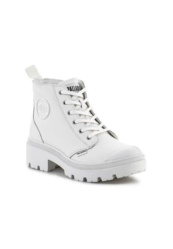 Buty do chodzenia damskie Palladium Pallabase Leather. Wysokość cholewki: za kostkę. Zapięcie: sznurówki. Kolor: biały, wielokolorowy. Materiał: guma, skóra, tkanina, materiał, syntetyk. Szerokość cholewki: normalna. Sport: turystyka piesza