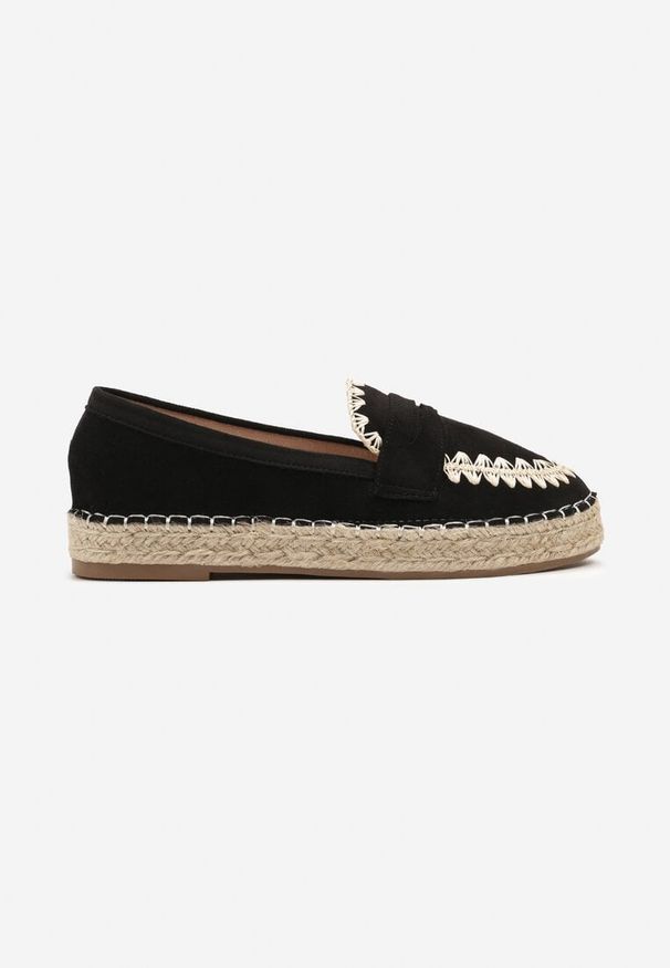 Renee - Czarne Espadryle z Haftem na Podeszwie z Plecionki Taslexia. Okazja: na spacer, na co dzień. Kolor: czarny. Materiał: koronka. Wzór: haft. Sezon: lato. Obcas: na obcasie. Styl: elegancki, boho, casual. Wysokość obcasa: niski