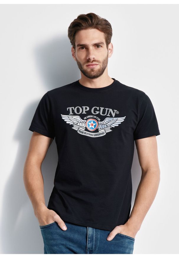 Ochnik - Czarny T-shirt męski TOP GUN. Kolor: czarny. Materiał: bawełna. Długość rękawa: krótki rękaw. Długość: krótkie. Wzór: nadruk