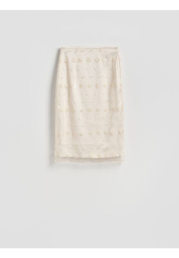 Reserved - Spódnica midi z cekinami - złamana biel. Materiał: tkanina. Wzór: gładki