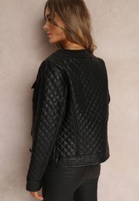 Renee - Czarna Pikowana Kurtka ze Skóry Ekologicznej z Guzikami Pasania. Kolor: czarny. Materiał: skóra ekologiczna. Wzór: aplikacja. Styl: elegancki #3