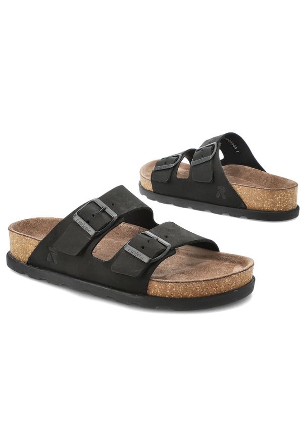 Klapki damskie Rieker, profilowana wkładka anatomiczny kształt regulowane paski solidne klamry korkowa podeszwa stabilne podparcie stopy, czarne, V31. Okazja: do domu, na co dzień. Kolor: czarny. Wzór: paski. Sezon: lato. Styl: casual