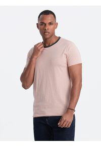 Ombre Clothing - Męski t-shirt z surowym wykończeniem – różowy V5 OM-TSCT-22SS-004 - XXL. Okazja: na co dzień. Kolor: różowy. Materiał: materiał, skóra, bawełna. Wzór: aplikacja. Styl: casual #6