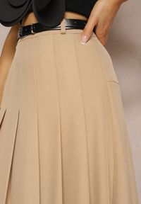 Renee - Beżowa Spódnica High Waist o Plisowanym Kroju z Paskiem w Talii Xeviana. Stan: podwyższony. Kolor: beżowy. Styl: elegancki #4