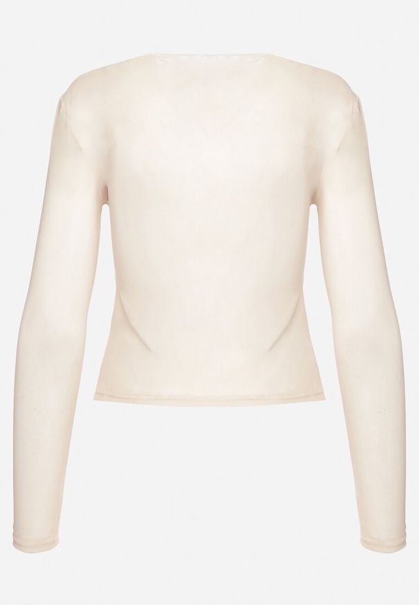 Born2be - Jasnobeżowa Bluzka Siateczkowa z Marszczeniem i Kwiatową Aplikacją Nelimor. Okazja: na co dzień. Kolor: beżowy. Materiał: bawełna, jeans. Wzór: aplikacja, kwiaty. Styl: casual, elegancki